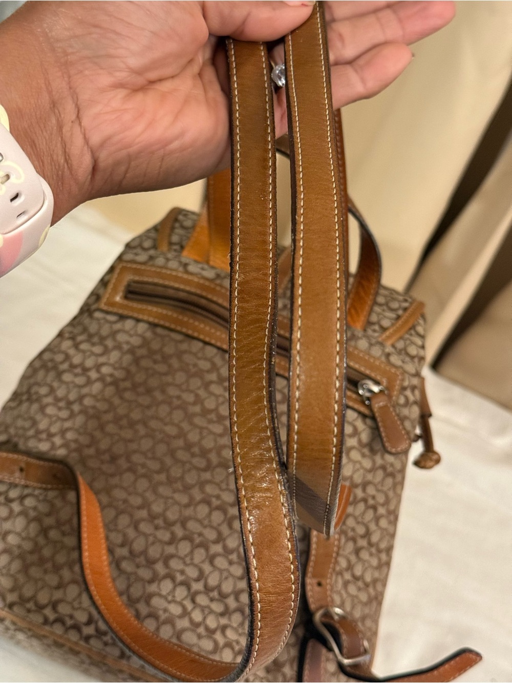 Coach Brown Signature Canvas Backpack with Tan Leather Trim - Picture 11 of 12